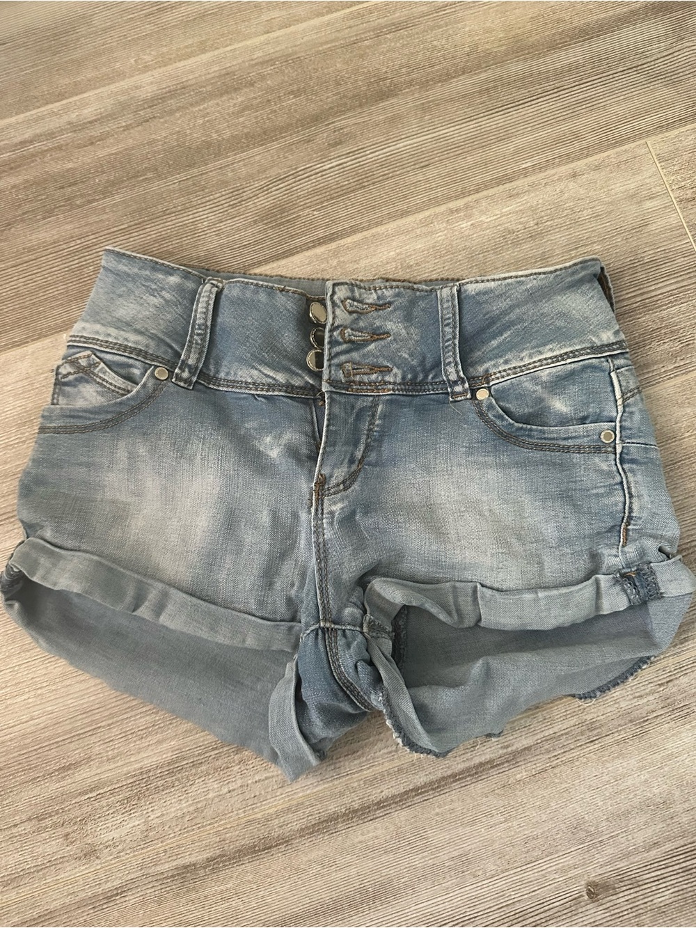 Siren’s. High-Rise Light Blue Washed Denim Roll-Hem Shorts